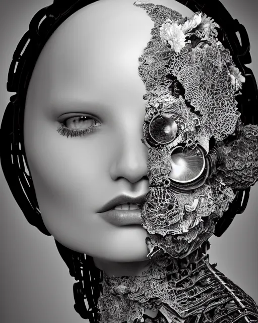 Image similar to black and white dreamy foggy smoky profile face portrait, one silver steampunk eye biomechanical beautiful young female cyclope - cyborg - robot bust, body ribs meshes,, volumetric light, hibiscus flowers, by hg giger, rim light, by dora maar and cecile beaton, big gothic fashion pearl embroidered collar, 8 k