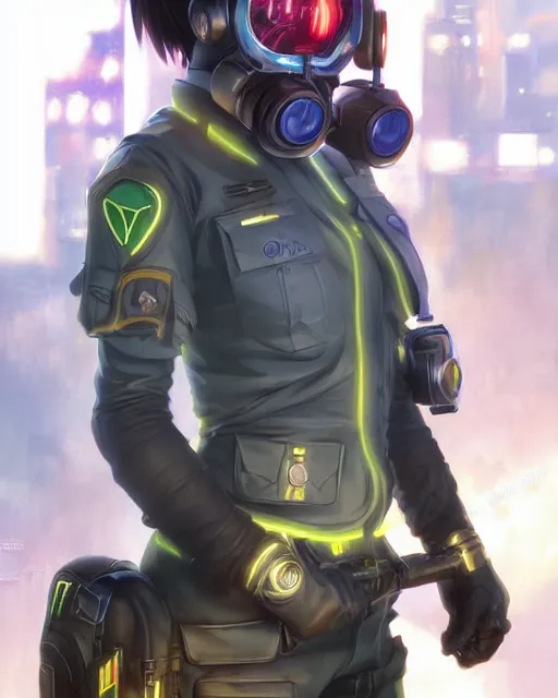 Image similar to anime key visual of a young female police officer, neon, futuristic gas mask, cyberpunk, futuristic, stunning, highly detailed, digital painting, artstation, smooth, soft focus, illustration, art by artgerm and greg rutkowski and alphonse mucha