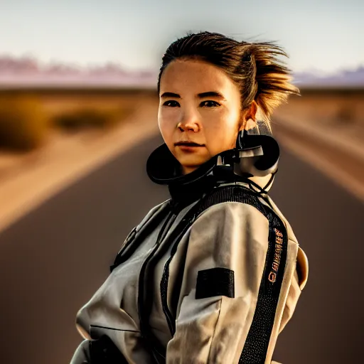 Image similar to photograph of a techwear woman, closeup, on a desert road with a futuristic city in the horizon, sigma 85mm f/1.4, 4k, depth of field, high resolution, 4k, 8k, hd, full color