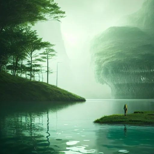 Image similar to indoors. dangerous creature lurking, eyes visible. a large body of water with green algae in it, a matte painting by filip hodas, cg society contest winner, environmental art, matte painting, volumetric lighting, cryengine