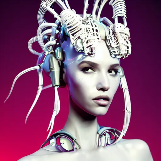 Image similar to portrait of an absurdly beautiful, graceful, sophisticated, fashionable black cyberpunk mechanoid gravure idol, ultrafine hyperdetailed illustration by irakli nadar, matt wisniewski style, marvel comics, intricate linework, porcelain skin, neon jellyfish headdress, ivory carved ruff, unreal engine 5 highly rendered, global illumination, radiant light, detailed and intricate environment