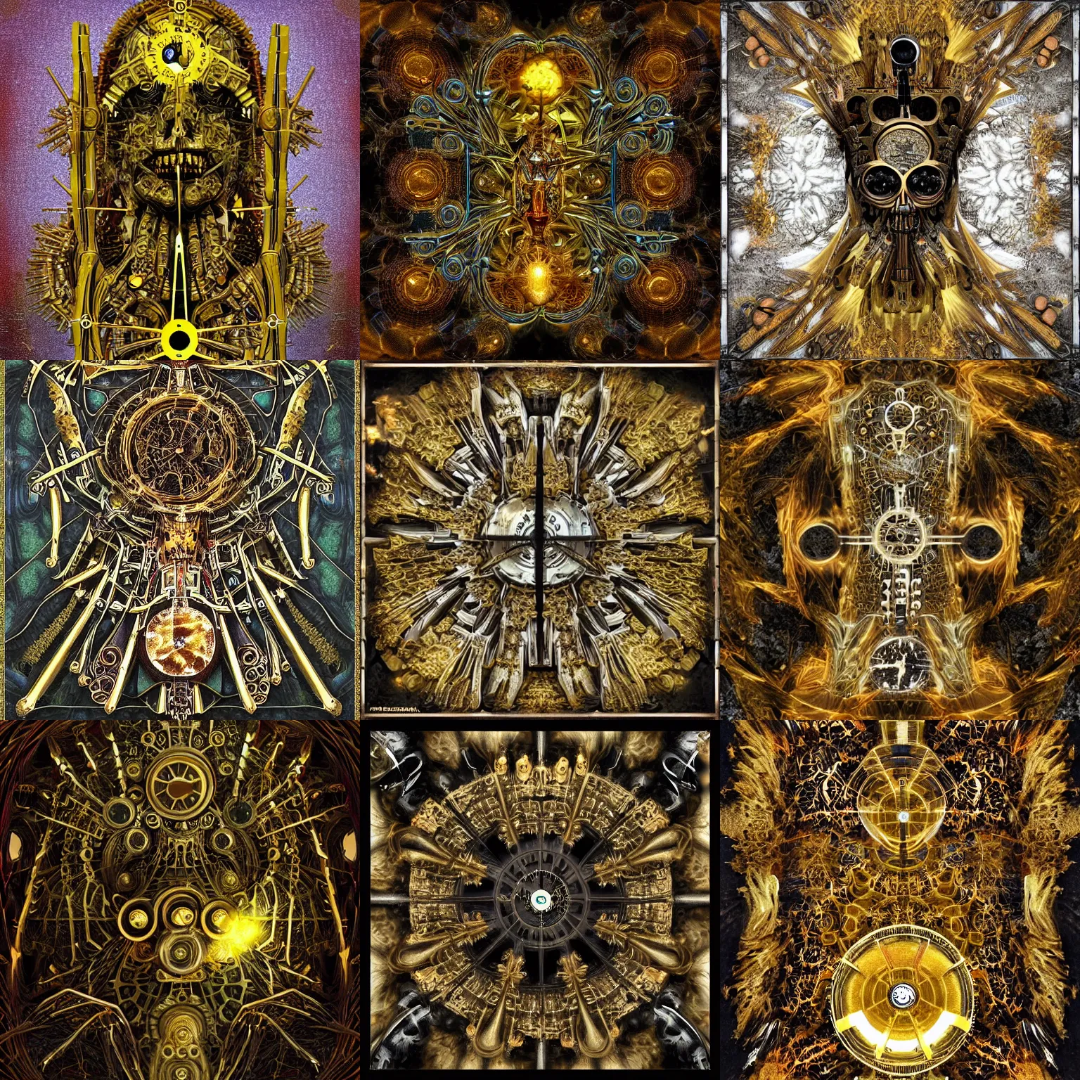 Prompt: an organic and clockwork Reliquary, bones gilded and demonically powered by caustic fractal souls