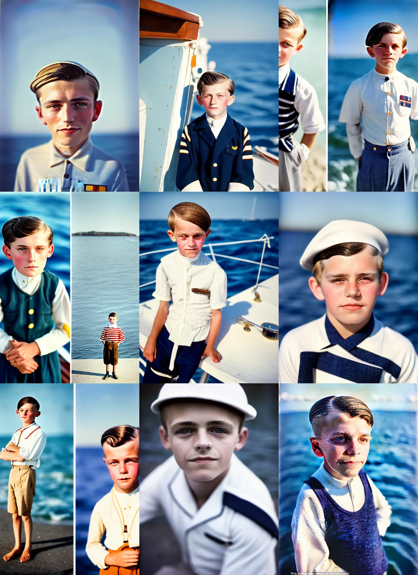 Prompt: kodak portra 4 0 0, 8 k, highly detailed, britt marling style, press award winning colour portrait of a cute handsome 8 year old sailor boy at the sea, sun, down face with 1 9 2 0 s hairstyle, 1 9 2 0 s style, asymmetrical, hasselblad