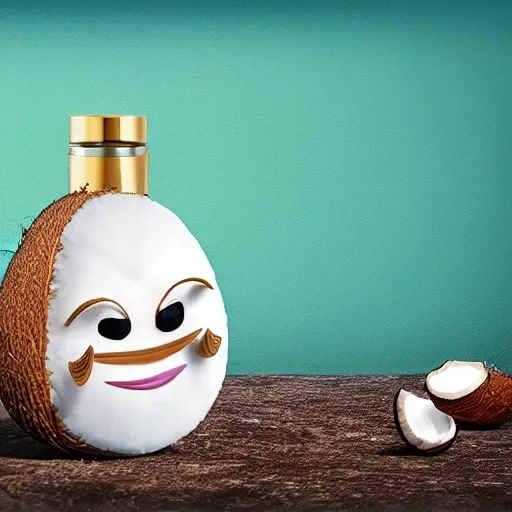 Image similar to anthropomorphic coconut in perfume bottle commercial