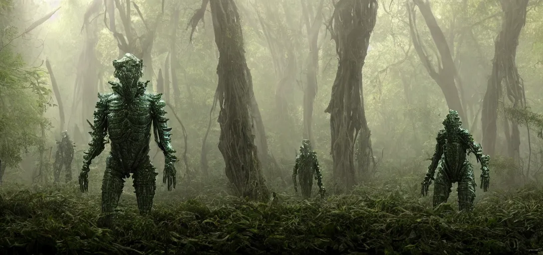 Image similar to a complex organic fractal 3 d metallic symbiotic ceramic humanoid megastructure creature in a swampy lush forest, foggy, sun rays, cinematic shot, photo still from movie by denis villeneuve, wayne barlowe