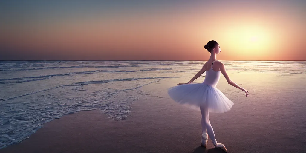 Image similar to a beautiful ballet dancer on a beach at sunrise, cinematic angle, studio Ghibli, volumetric lighting, breathtaking, beautiful composition, intricate, elegant, digital art, detailed, oil painting, hyperrealistic, sharp focus, 8k