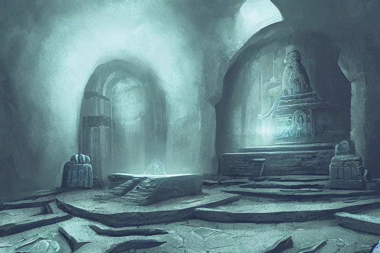 Image similar to “Ancient underground temple in dim lighting, concept art, digital painting by Shaddy Safadi”