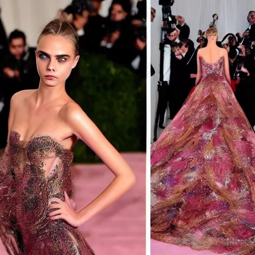 Image similar to Super model Cara delevingne wearing a gown made of flowing plasma ultra high quality extremely intricacies in the level of detail photorealism 8k very beautifully designed style of Damien Gilley