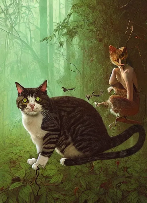 Image similar to a hyper realistic illustrated cat with playing with a bird in the woods gorgeous lighting, lush forest foliage painting by chiara bautista and beksinski and norman rockwell and greg rutkowski weta studio, and lucasfilm