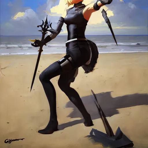 Image similar to greg manchess portrait painting of 2 b nier automata as tracer from overwatch on the beach holding a sword, organic painting, sunny day, matte painting, bold shapes, hard edges, street art, trending on artstation, by huang guangjian and gil elvgren and sachin teng