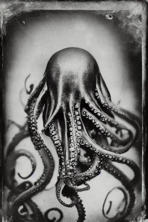 Prompt: a wet plate photo of an anthropomorphic octopus as pope