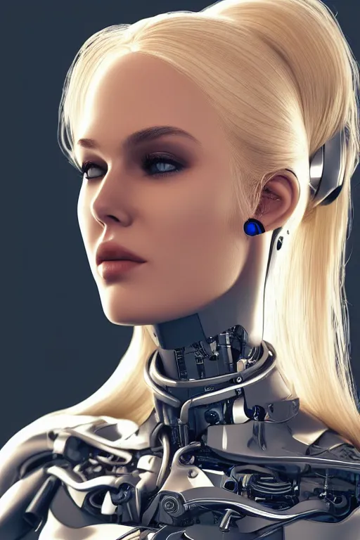 Image similar to a beautiful woman with blonde hair wearing robot suit with wires and light, highly detailed, photorealistic, artstation, smooth