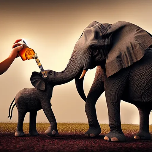 Image similar to apocalyptic, an elephant and a vampire and a magician being best friends and drinking a beer together. smoke. volumetric lighting, sharp focus, ultra detailed, cgsociety - w 1 0 2 4 - n 8 - i