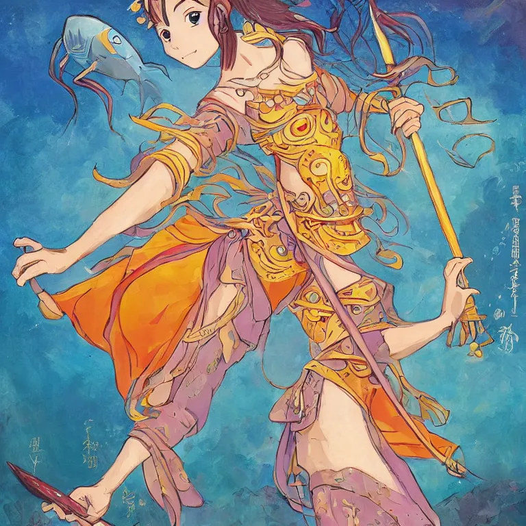 Prompt: young goddess, in goldfish armor, wielding a fish sword, symmetrical, painting in the style of studio ghibli