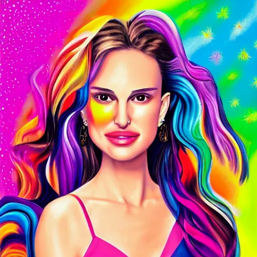 Image similar to beautiful realistic portrait of Natalie Portman as a rock star by Lisa Frank