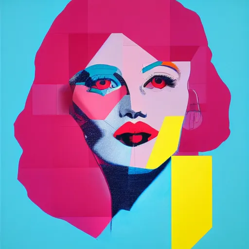 Prompt: graphic illustration portrait of woman in block colours with geometric shapes by james jean, andy warhol