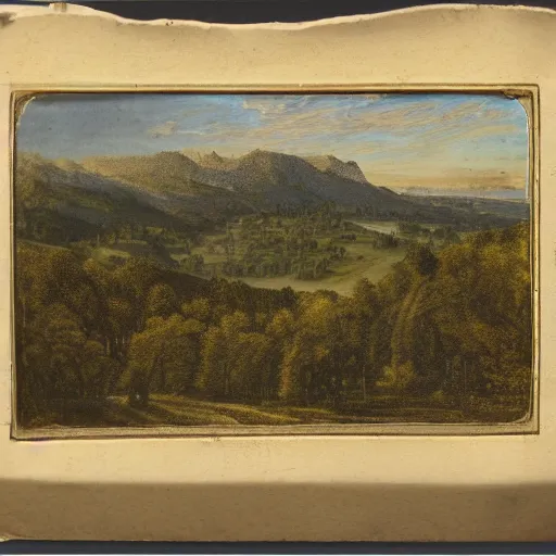 Prompt: Photograph of a forested landscape with a town in the distance. Detailed, well lit.