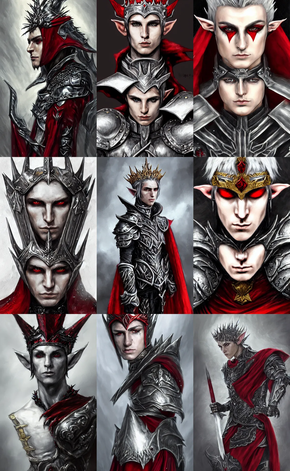 Prompt: A portrait of a male elf, 20 years old, short silver hair, red eyes, wearing a spiked black metal crown, black heavy armor with gold trim, and a red cape, lean but muscular, attractive, command presence, royalty, weathered face, smooth, sharp focus, illustration, concept art, highly detailed portrait, muscle definition, fantasy painting, ArtStation, ArtStation HQ