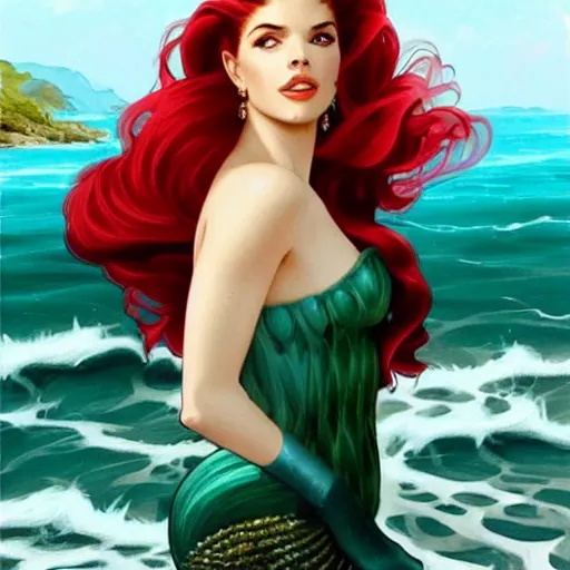 Image similar to A combination of Grace Kelly's and Katheryn Winnick's and Ashley Greene's faces with red hair as a mermaid half submerged on the beach, western, fantasy, intricate, elegant, highly detailed, digital painting, artstation, concept art, matte, sharp focus, illustration, art by Artgerm and Greg Rutkowski and Alphonse Mucha