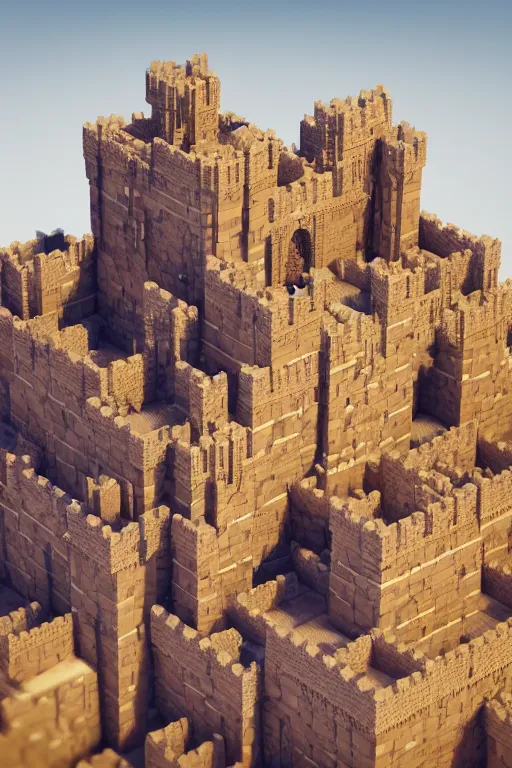 Prompt: a beautifull intricate voxel ancient style castle in the dessert, octane render, low shot, rim light, photorealistic, very high detailed, by mari k