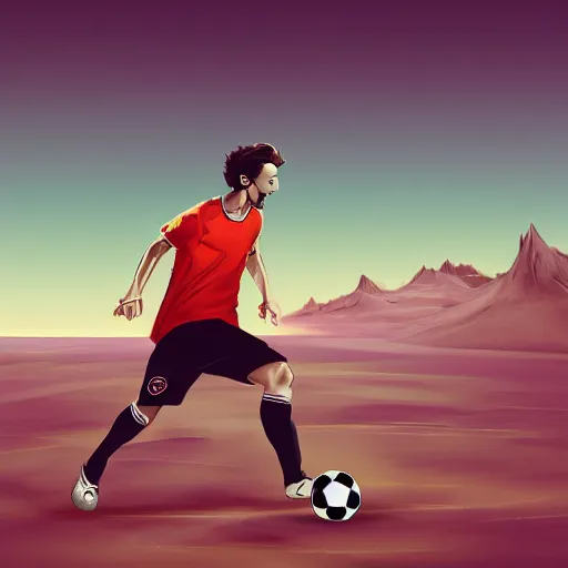 Image similar to a man playing a soccer in the desert, digital art, concept art