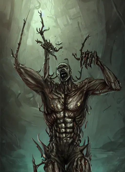 Image similar to detailed beautiful cool male character art depicting am infected zombie monster. metal spider limbs, cyborg, concept art, depth of field, on amino, by sakimichan patreon, wlop, weibo, bcy. net, colorhub. me high quality art on artstation.