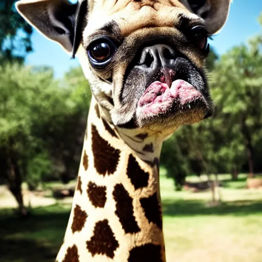 Image similar to a Giraffe-Pug Hybrid, A Giraffe that looks like a pug, huge tusks, afternoon hangout, good times photograph, candid