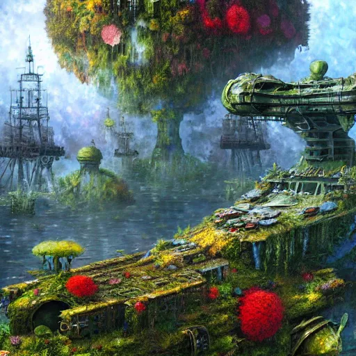 Image similar to overgrown flower covered mossy battleship cryengine render by android jones, james christensen, rob gonsalves, leonid afremov and tim white