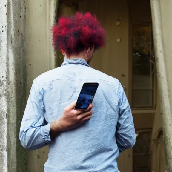 Prompt: clown crying while browsing twitter on his phone, photo taken from behind the clown