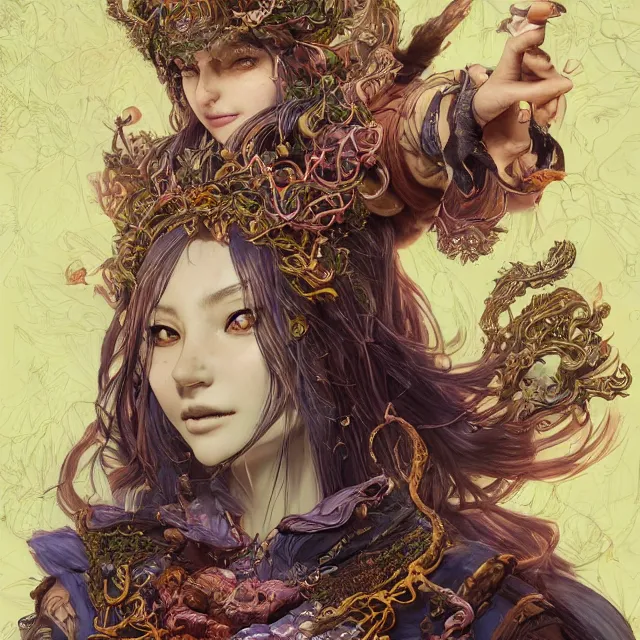 Image similar to the portrait of chaotic good female druid alchemist as absurdly beautiful, gorgeous, elegant, young gravure idol, an ultrafine hyperdetailed illustration by kim jung gi, irakli nadar, intricate linework, sharp focus, bright colors, octopath traveler, final fantasy, unreal engine 5 highly rendered, global illumination, radiant light, detailed and intricate environment