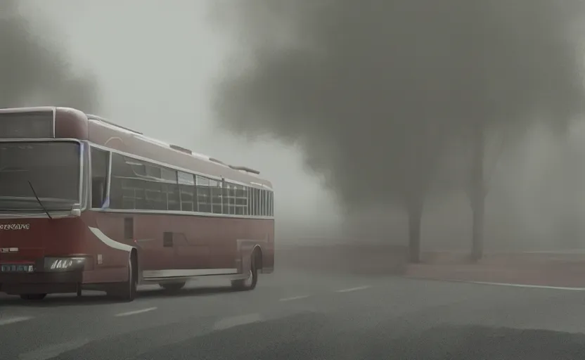 Prompt: exterior traveling greyhound bus circa 2 0 1 5, directed by charlie kaufman ( 2 0 0 1 ) anamorphic lenses, foggy volumetric light morning, cinematic trending on artstation in the style of greg rutkowski