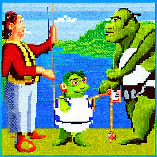 Image similar to expensive pixel work, dithered masterpiece, pixel art shrek fishing on a sailboat