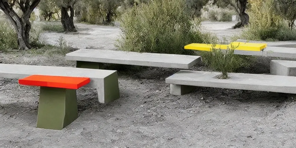 Prompt: creative concrete benches, colorful, olive trees