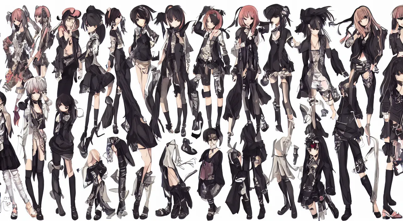 Image similar to fashion, shibuya, anime, game, characters reference sheet, high quality, ultra detailed