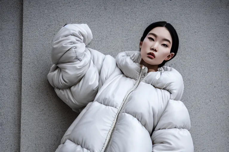 Image similar to well lit fashion shoot portrait of extremely beautiful female marble statue wearing huge over size puffer jacket by dingyun zhang, yeezy, balenciaga, vetements, a cold wall, sharp focus, clear, detailed,, cinematic, detailed, off white, glamourous, symmetrical, vogue, editorial, fashion, magazine shoot, glossy