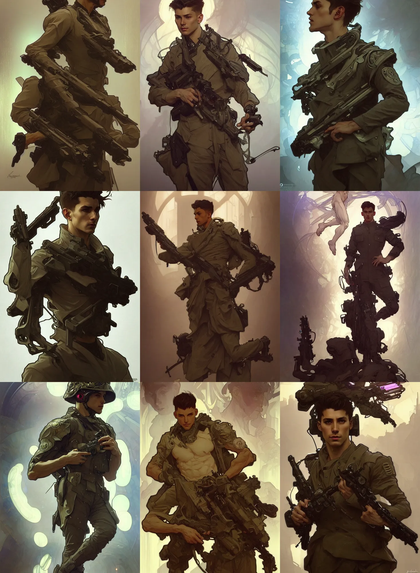 Prompt: a digital concept ar by artgerm and greg rutkowski and alphonse mucha. clear portrait of a lonely attractive men in uniform!! future military, hyper detailed, character concept, full body!! dynamic pose, glowing lights!! intricate, elegant, highly detailed, digital painting, artstation, concept art, smooth, sharp focus, illustration