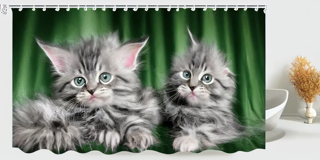 Prompt: a ( ( main coon kitten ) ) baby yoda themed shower curtain, shower curtain. product photography. product lighting. digital art. 4 k, highly detailed. saturated. baby yoda.