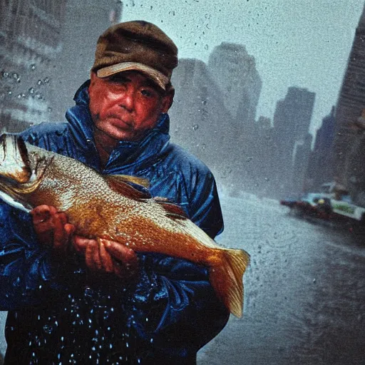 Image similar to closeup portrait of a fisherman holding a big fish in a rainy new york street, photography, time magazine