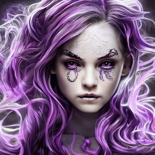 Prompt: artstation young teen with purple eyes and tentacles on her head in fury, very detailed, in glass town, portrait, high contrast, vibrant, very intricate and difficult ornament of clothes