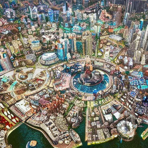 Image similar to fantasy city with glittering jewels, birds eye view