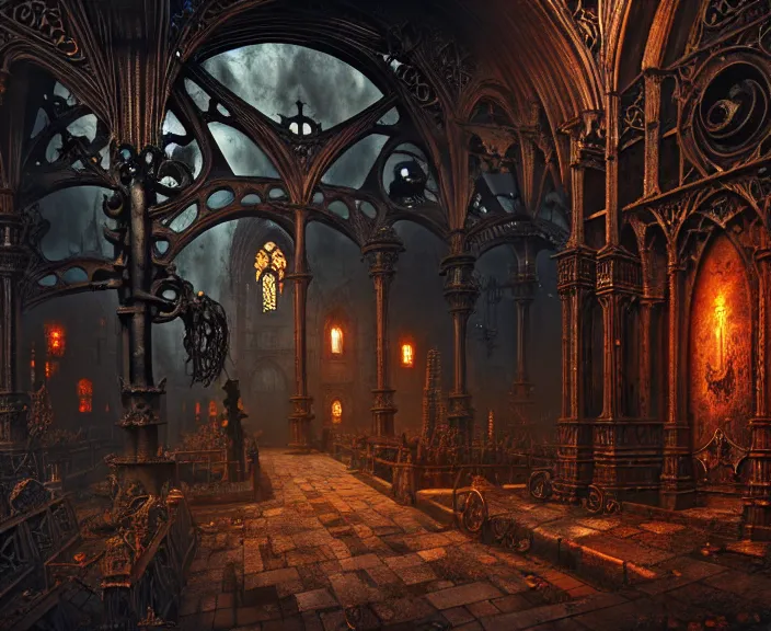 Image similar to steam necropolis, memento mori, gothic, neo - gothic, art nouveau, hyperdetailed copper patina medieval icon, stefan morrell, philippe druillet, ralph mcquarrie, concept art, steampunk, unreal engine, detailed intricate environment, octane render, moody atmospherics, volumetric lighting, ultrasharp, ominous, otherworldly