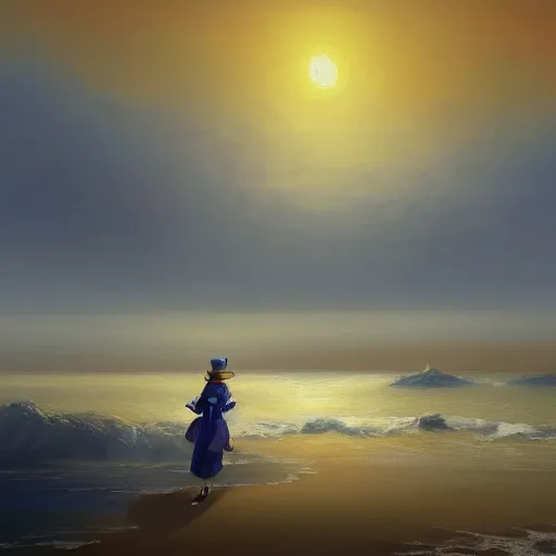 Image similar to Kirisame Marisa, sunset on the beach, touhou project, ZUN, beautiful portrait, oil on canvas, official artwork, trending on artstation, in the style of Aivazovsky