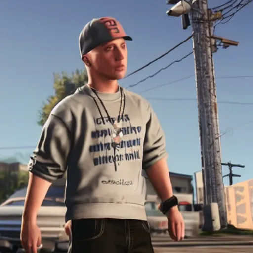 Prompt: A screenshot of Eminem (Marshall Mathers) in GTA 5