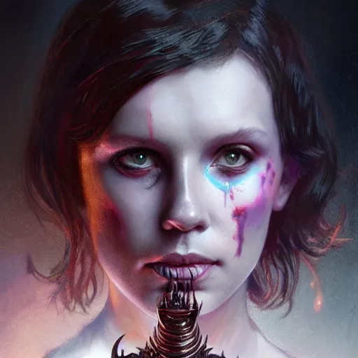 Prompt: Millie Bobby Brown as an undead Lich necromancer, Magic the Gathering art, undead facial features, art by greg rutkowski and alphonse mucha, highly detailed, digital painting, matte painting, concept art, illustration, oppressive lighting, trending on artstation, very detailed