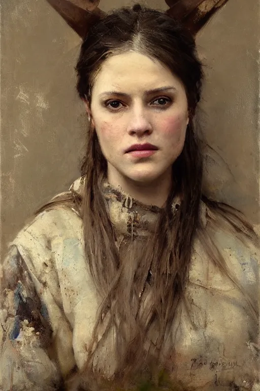 Image similar to Richard Schmid and Jeremy Lipking and Antonio Rotta full length portrait painting of a young beautiful traditonal viking woman