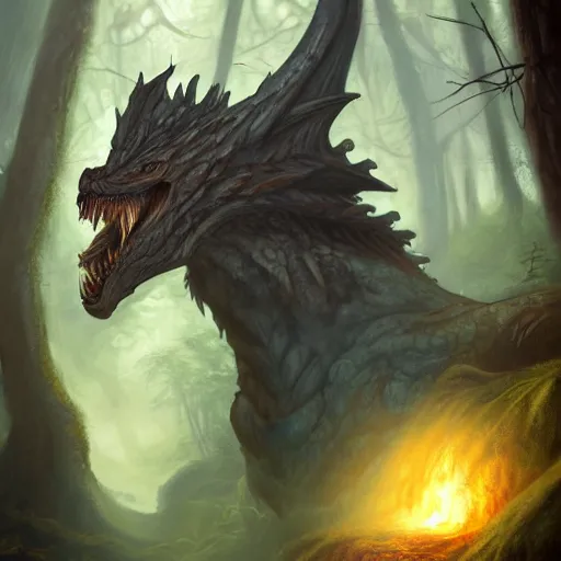 Image similar to oil painting of dragon in a forest, dnd character, fantasy, realistic textured skin, wolf head, glowing eyes, sharp focus, artgem, boris valejo, frank frazetta, heavy metal style, trending on artstation, digital painting, julie bell, beautiful, very detailed,