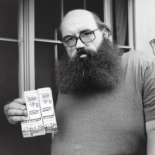 Prompt: a grumpy, top-heavy 60 year old man with short curly brown hair and a big beard sitting on his back porch next to a table covered in empty cigarette cartons and lottery tickets, 8mm lens photography,