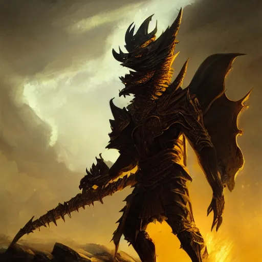 Prompt: anthropomorphic dragon warrior stands tall wearing black and gold plate armor, oil painting, Tooth Wu, Greg Rutkowski, RPG, dynamic lighting, fantasy art, High contrast, depth of field, landscape, scenery