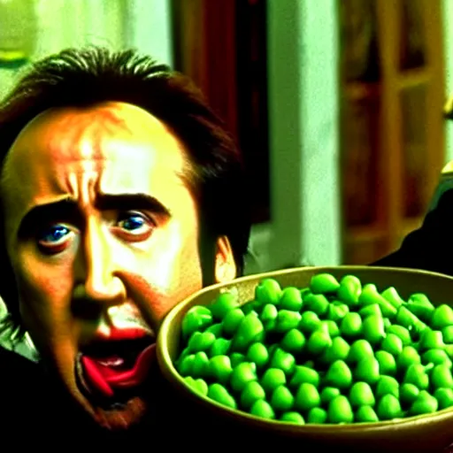 Image similar to nicolas cage drowning mouth full of peas, movie still, the wicker man