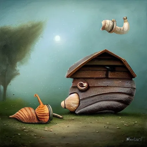 Prompt: a cute little snail with a old wooden houses as a shell, michael kutsche